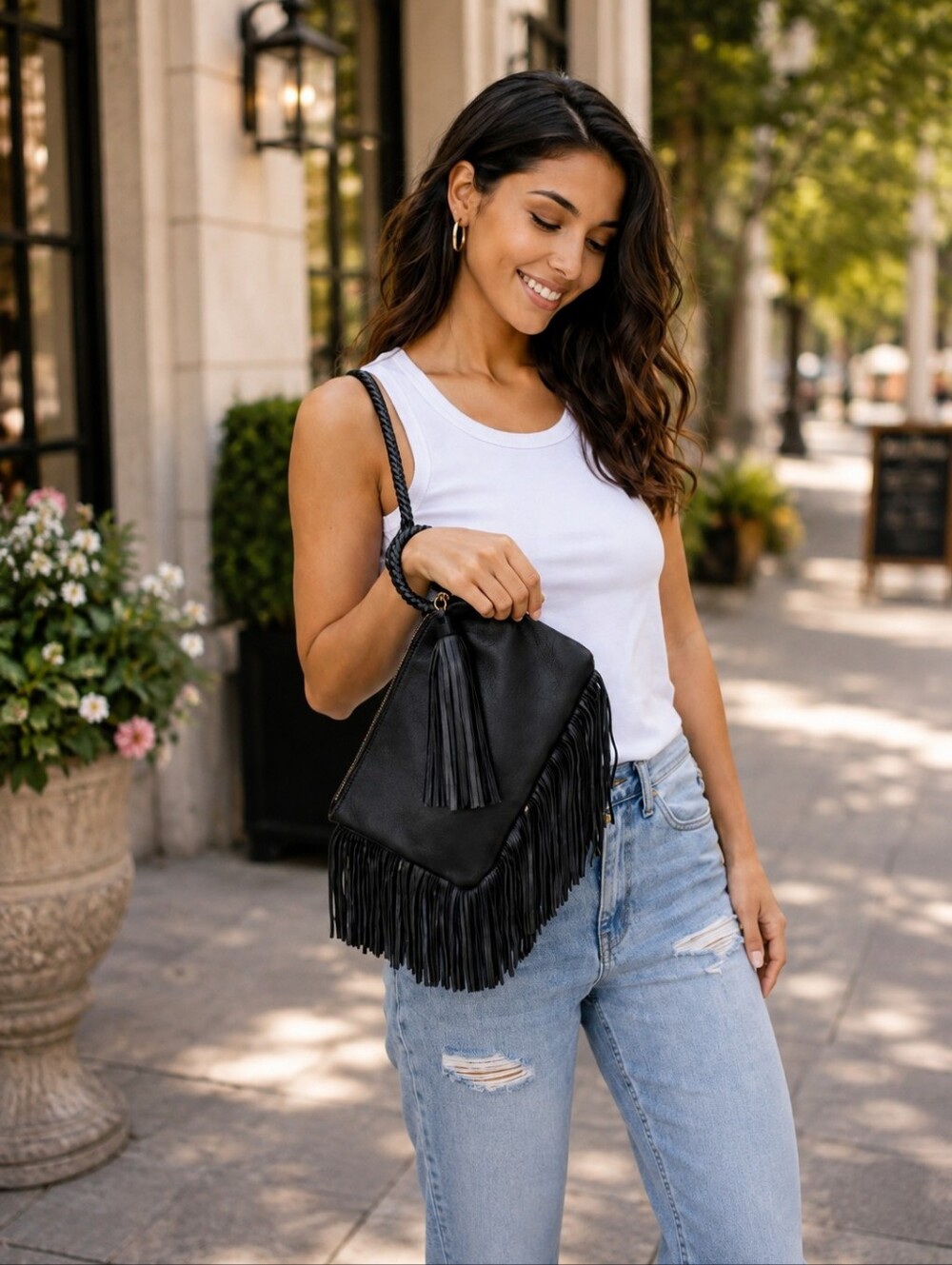 Chic Black Fringe Leather Bag